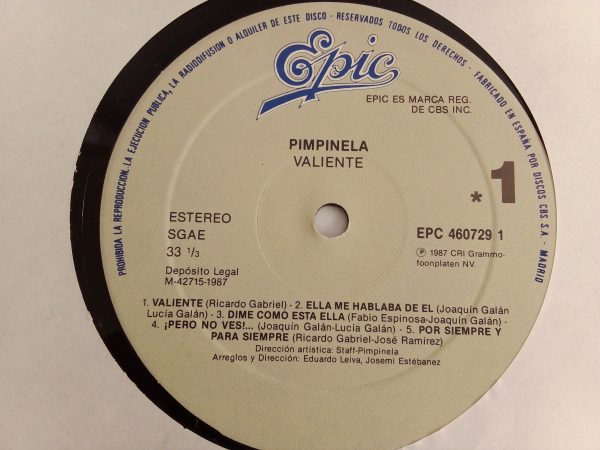 Pimpinela: Valiente, discos de vinilos Pimpinela, Pimpinela, Canción popular español, balada en español, Tienda de vinilos Santiago, vinilos música latina