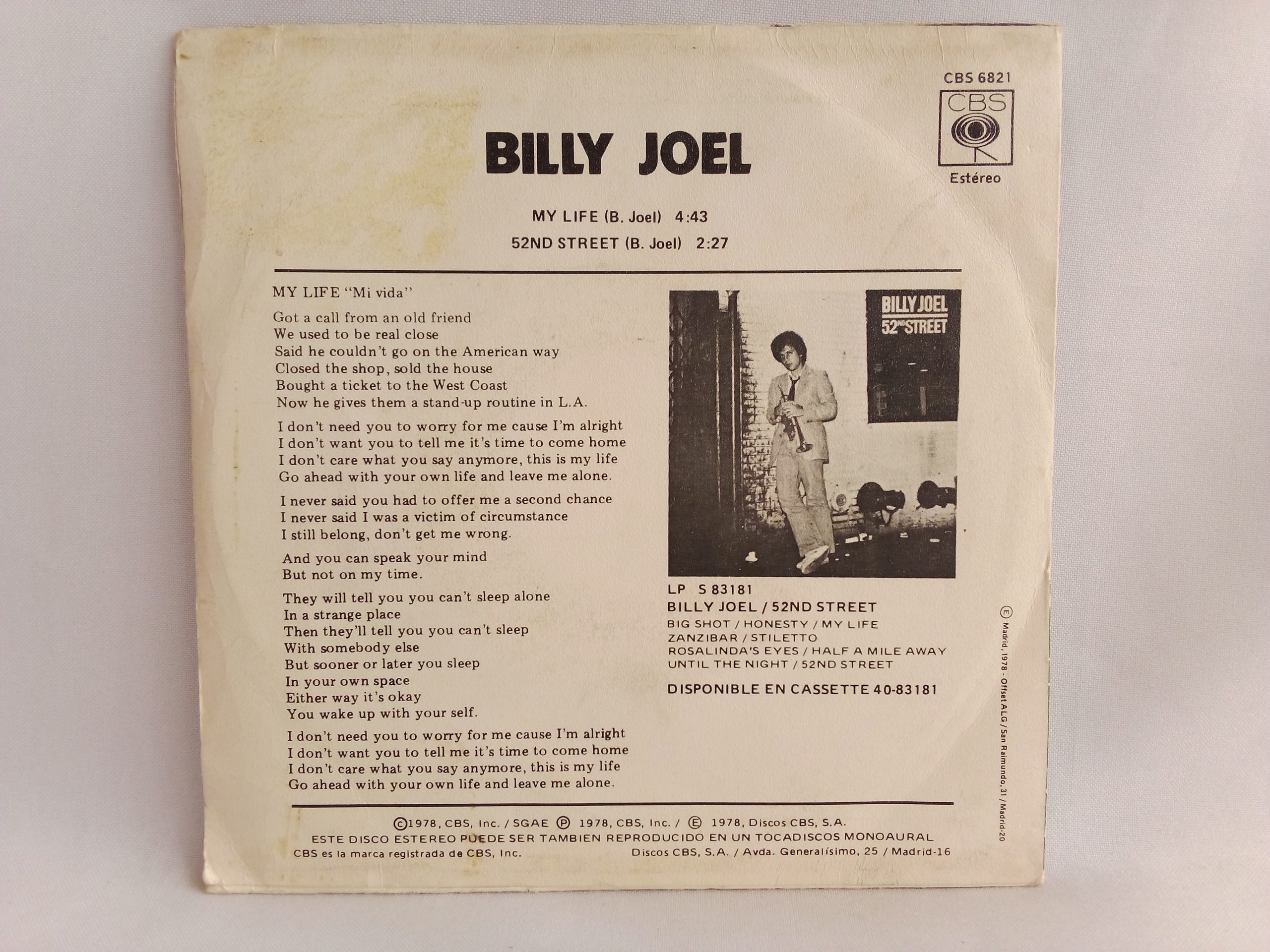 Vinilos en Oferta en Chile, Billy Joel: Mi Vida, Billy Joel, Pop-Rock, Vinilos en Oferta, Vinilos en liquidación, vinilos Santiago