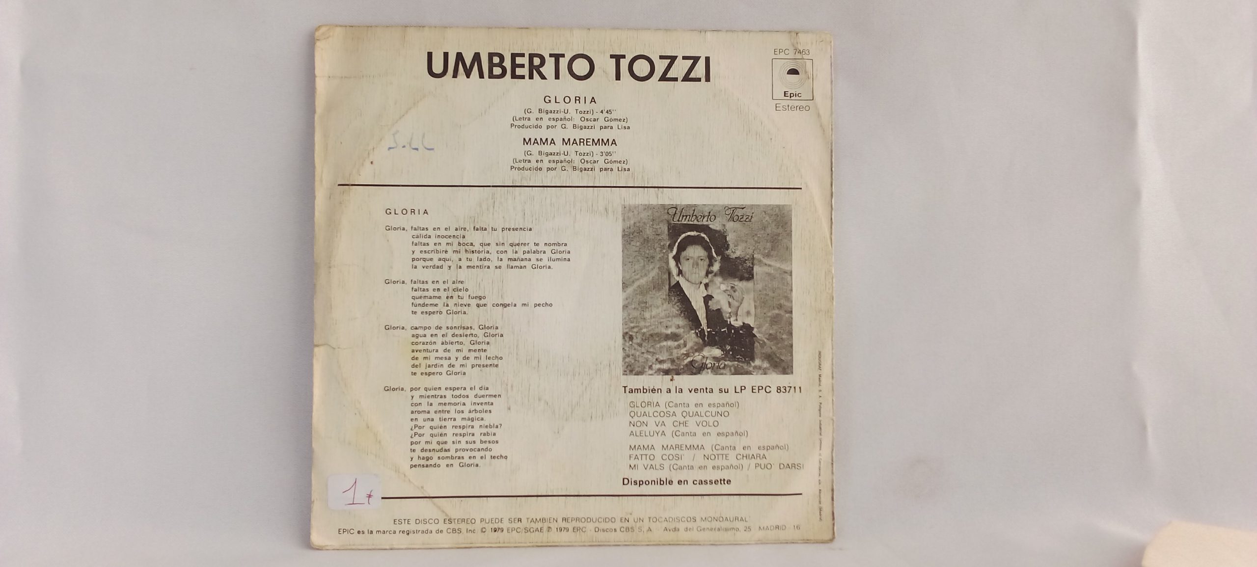 Vinilos en Oferta, Umberto Tozzi: Gloria, Umberto Tozzi, Canción Italiana, vinilos de colección, venta online de vinilos,